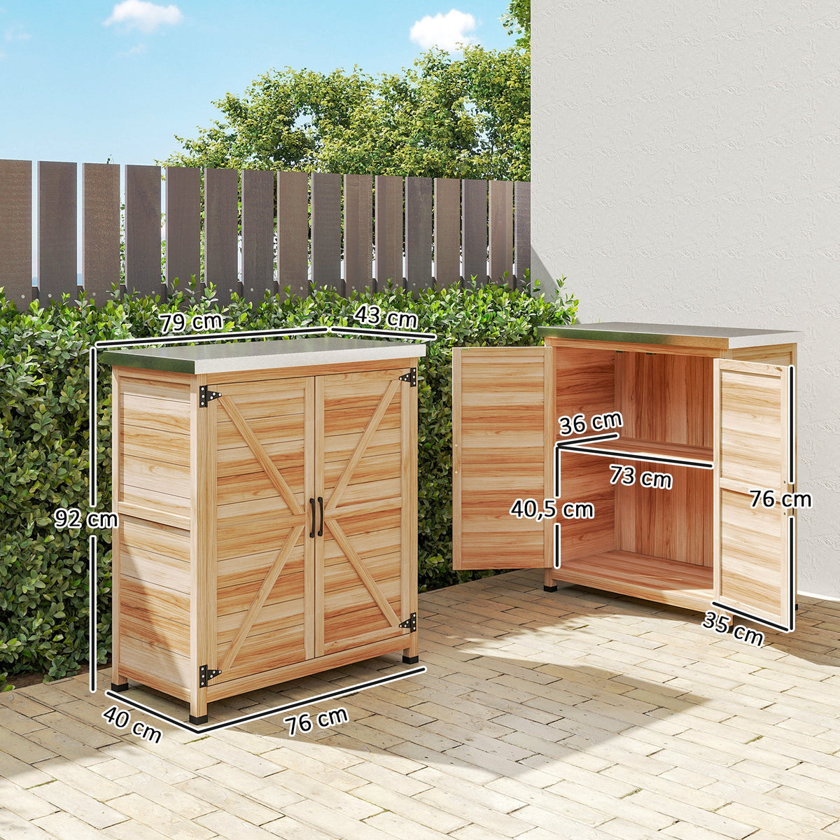 Gartenschrank mit Pflanztisch Holz Geräteschuppen mit verzinkter Arbeitsplatte 2 Regalböden Doppeltür, 79 x 43 x 92cm