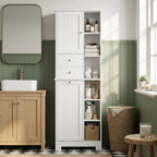 Badezimmerschrank Schmaler Badschrank mit 6 offenen Fächern und Wäschekorb, 2 Schubladen und Soft-Close-Tür, Weiß