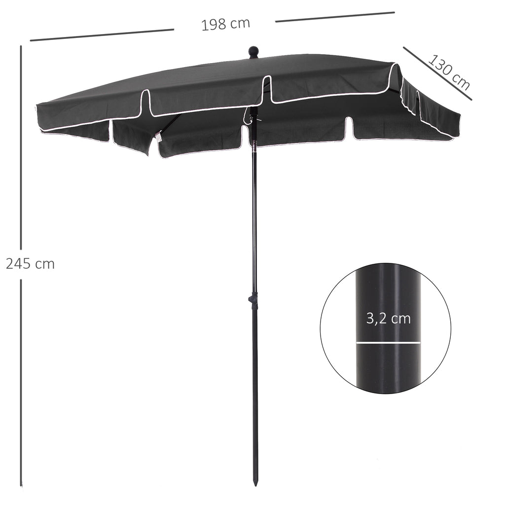 2 x 1.3m Garden Parasol Umbrella, Outdoor Market Table Umbrella with Ruffles & Aluminium Pole, Rectangular Tilting Parasol Sun Shade Canopy, Grey