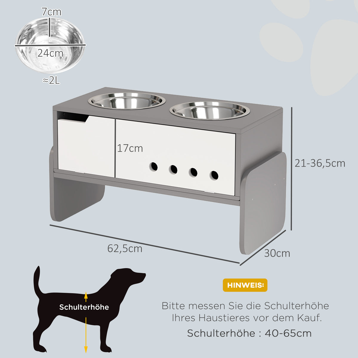 3 Height Adjustable Raised Dog Bowls, Dog Feeding Storage Station w/ Slow Feeder Mat, 2 Stainless Steel Bowls