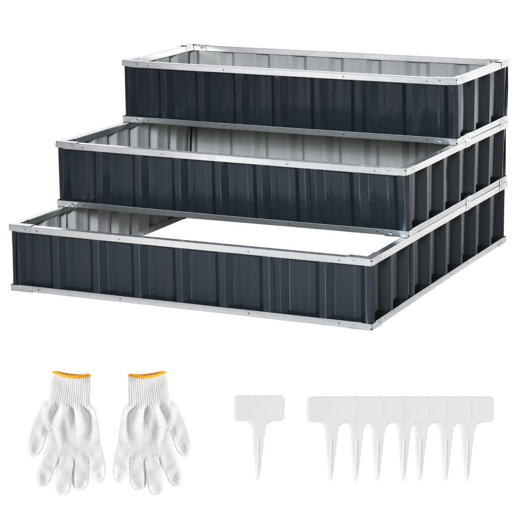  3 Tier Raised Garden Bed, Metal Elevated Planer Box Kit Flower Pot w/ A Pairs of Glove for Garden, Patio to Grow Vegetables, Herbs, Flowers, 118 x 118 x 62 cm, Grey