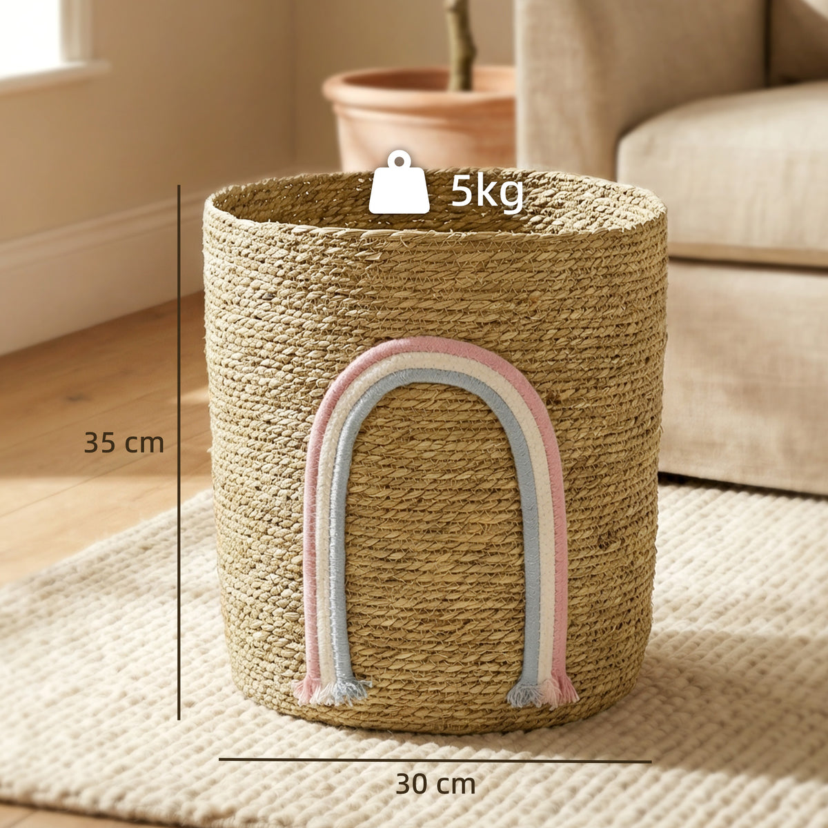 24,7L Aufbewahrungskorb mit Regenbogen-Dekoration, großer geflochtener Korb für Badezimmer, Schlafzimmer, Natur