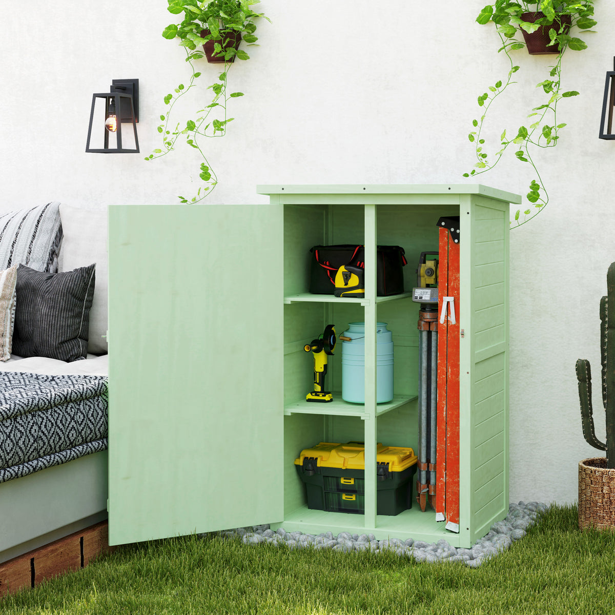Wooden Small Shed, Garden Storage Shed with Shelves and Bolt Latch, 75L x 56W x115H cm, Green