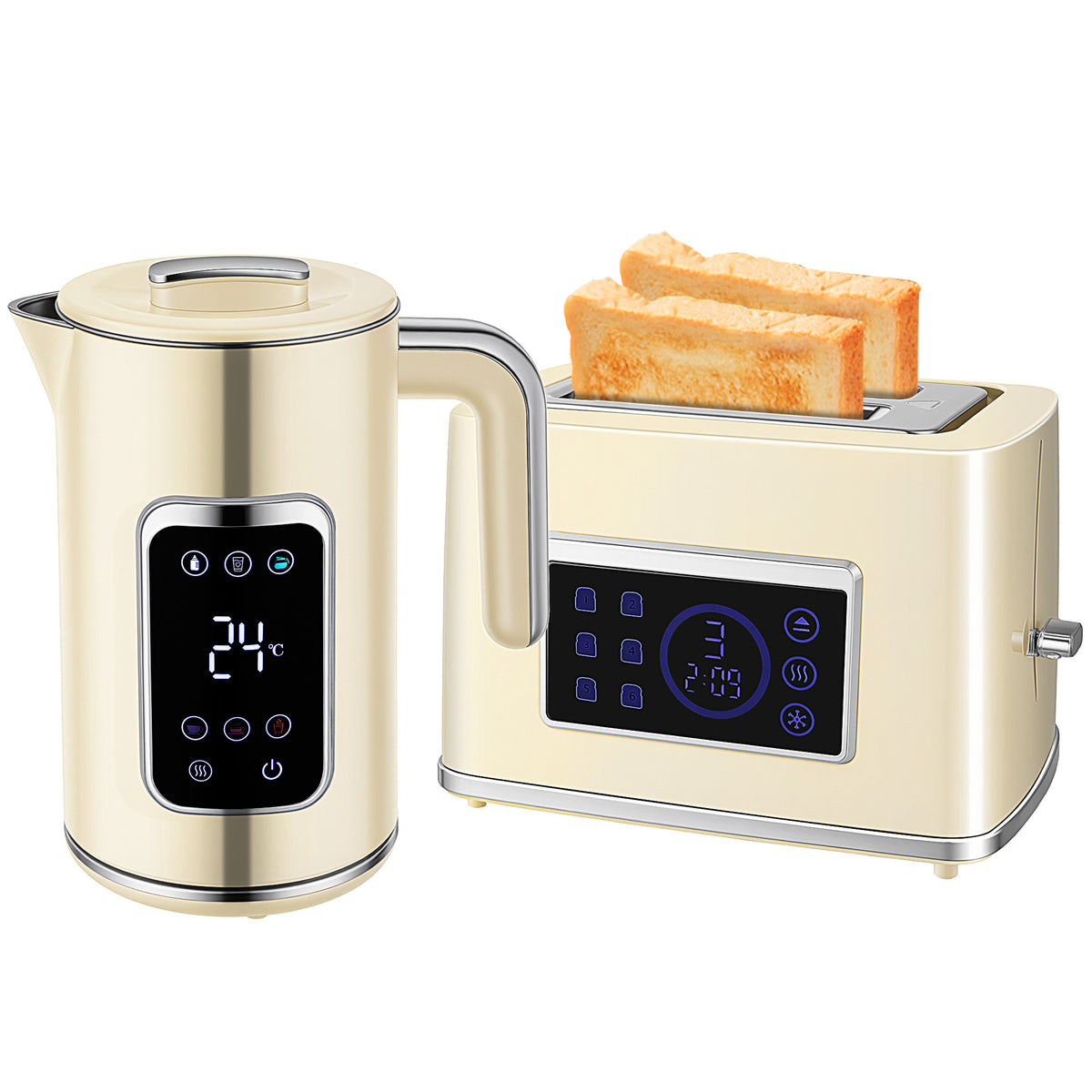 Wasserkocher und Toaster-Set mit LED-Touchscreen, 1,7 L, 2 Toasterschlitze, verschiedene Modi und Funktionen, Cremewei?