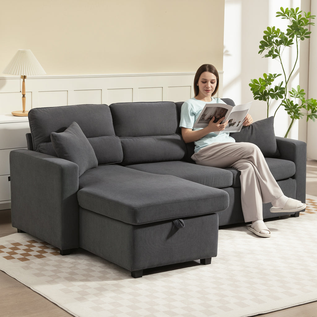 Verstellbares Bettsofa, L-f?rmiges G?stesofa mit Bettfunktion, Stauraum, Kissen, f¨¹r Wohnzimmer, G?stezimmer, Dunkelgrau