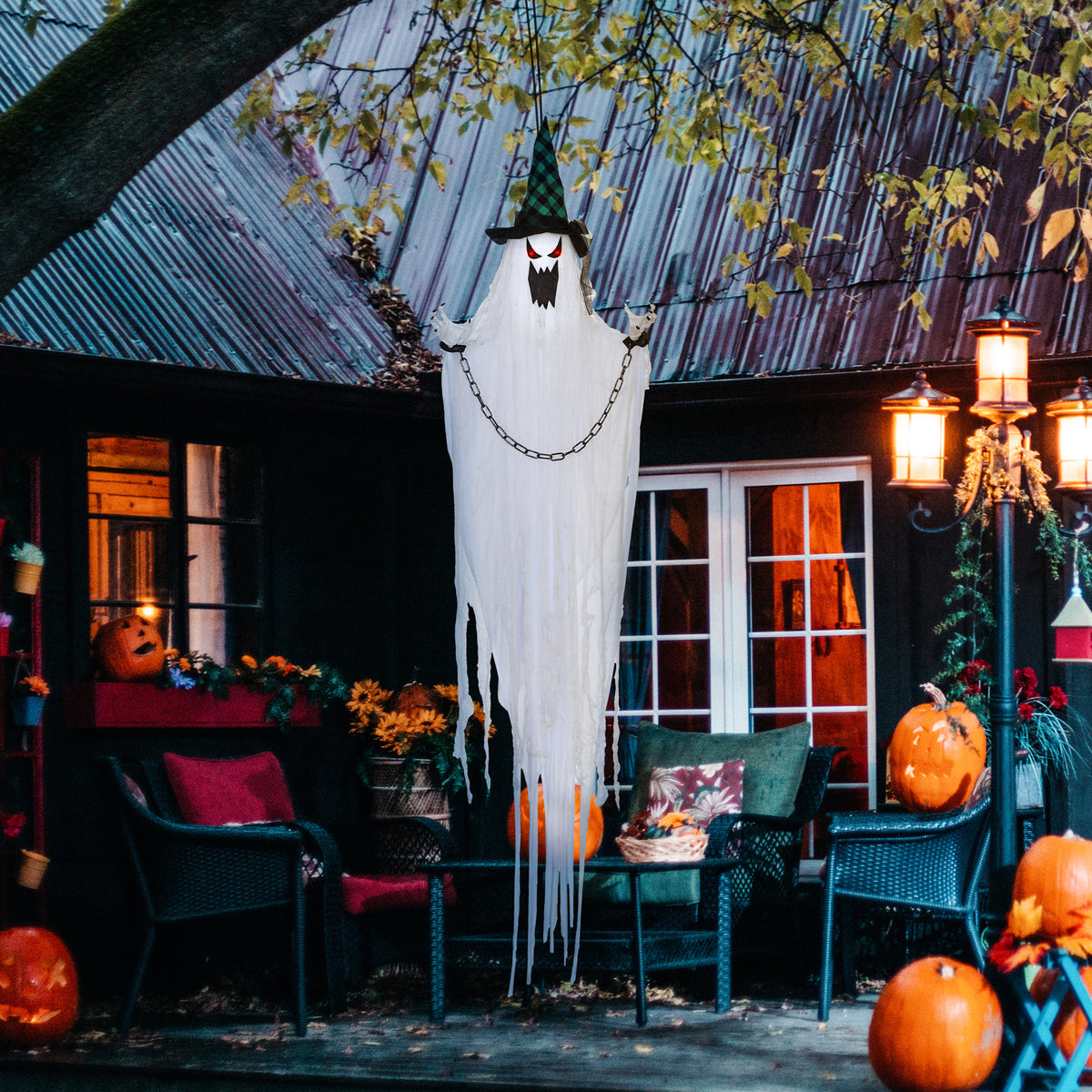 6'6" Hanging Prisoner Ghost Halloween Animatronic, with Glowing Eyes