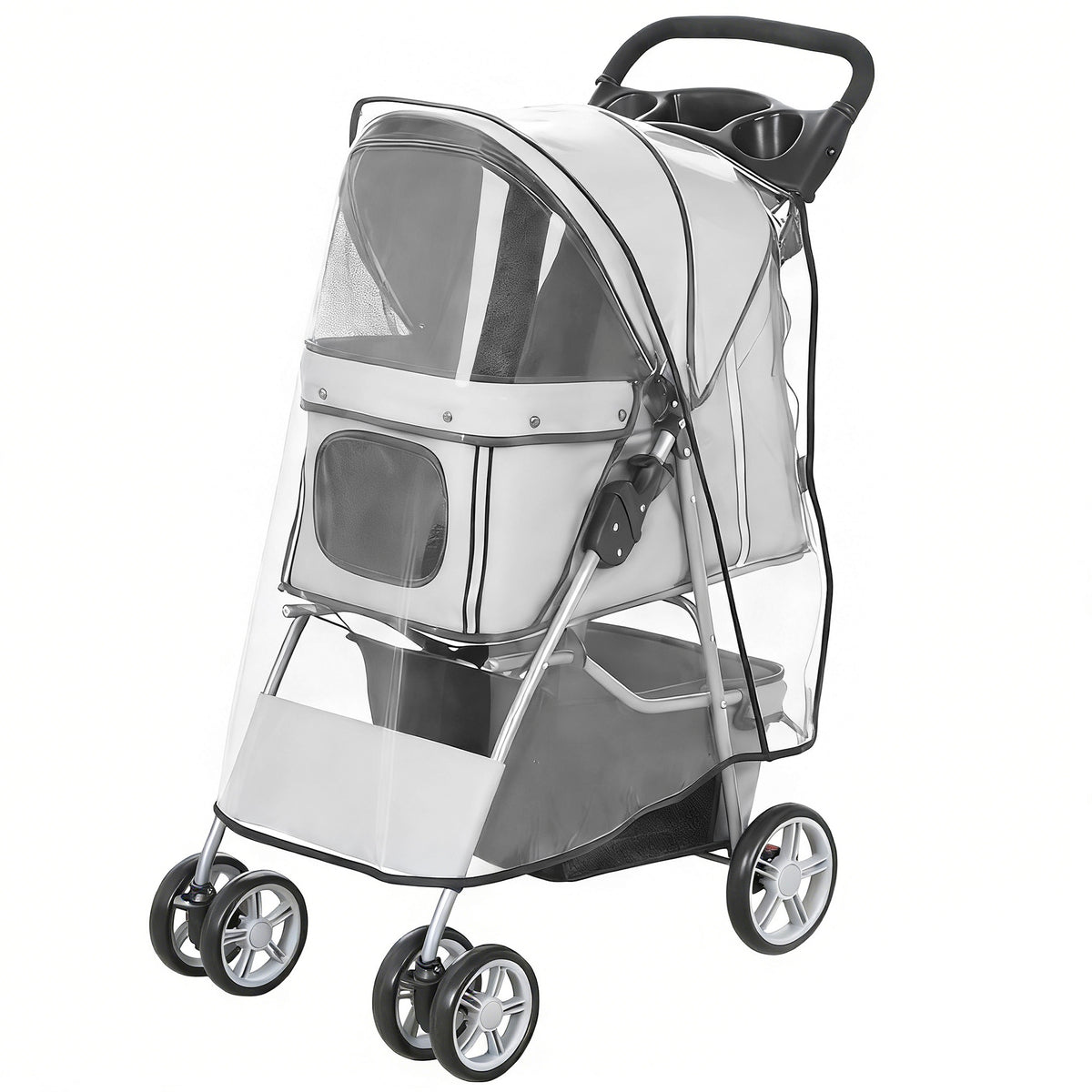 Hundewagen Hundebuggy Faltbar Katzenwagen bis 10kg mit Regenschutz Reflektorstreifen Aufbewahrungskorb 77x44x102cm Grau