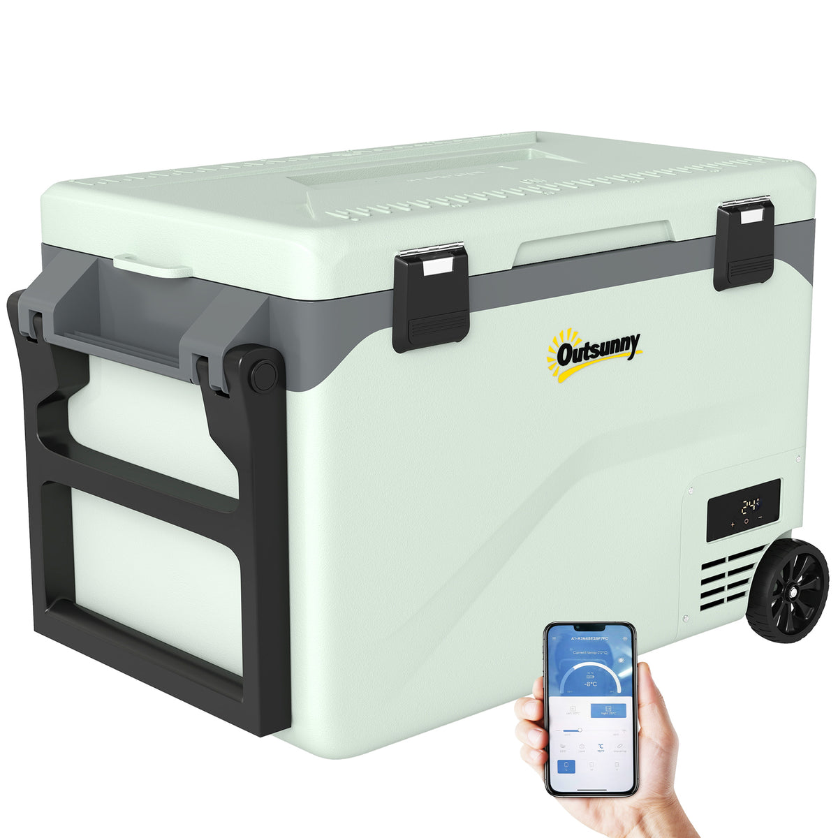 42,5 Liter Kompressor Kühlbox Leise elektrisch Mini Kühlschrank bis -20℃ Kühlbox mit Bluetooth Rolle Griff Handyhalter