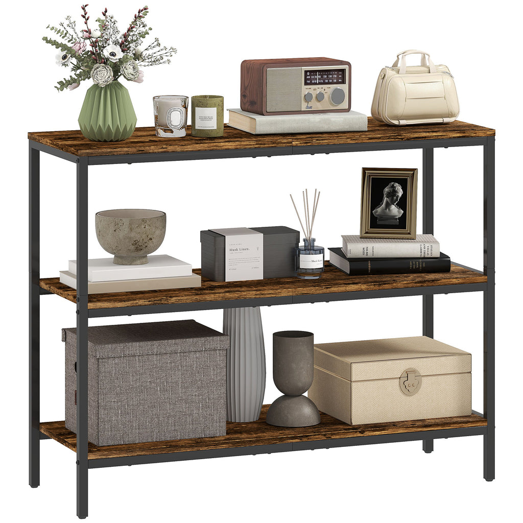 3-Tier Console Table with Storage Shelves - Rustic Brown