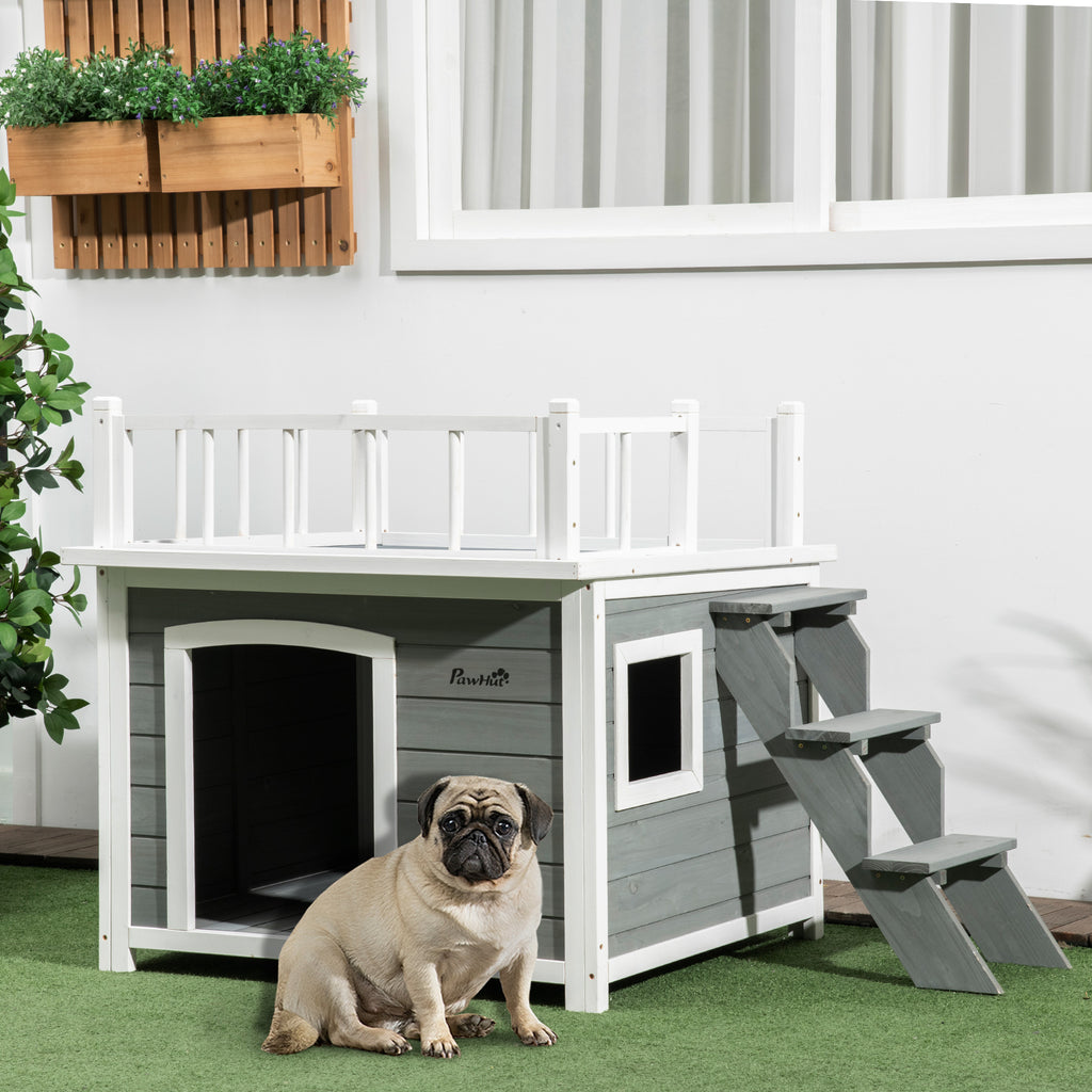 Hundehütte, Dachterrasse, Treppe, Fenster, Bodenabstand, Naturholz, hellgrau, 121 x 77 x 78cm