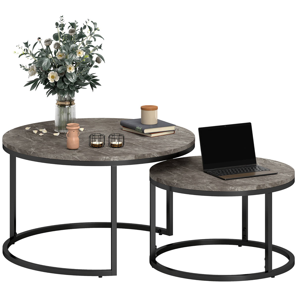 Industrial Nesting Coffee Table Set of 2, Round Coffee Tables, Living Room Table with Faux Marbled Top and Steel Frame