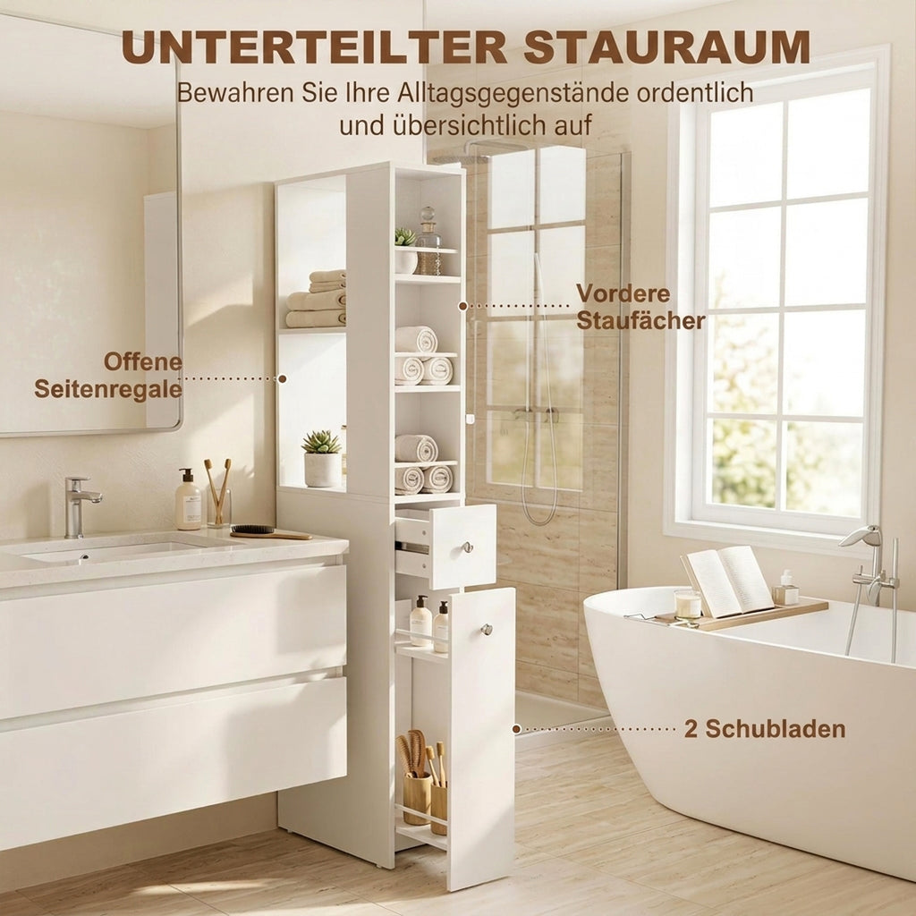 Schmaler hoher Badezimmerschrank, 135 cm Badschrank mit 2 Schubladen, weiß