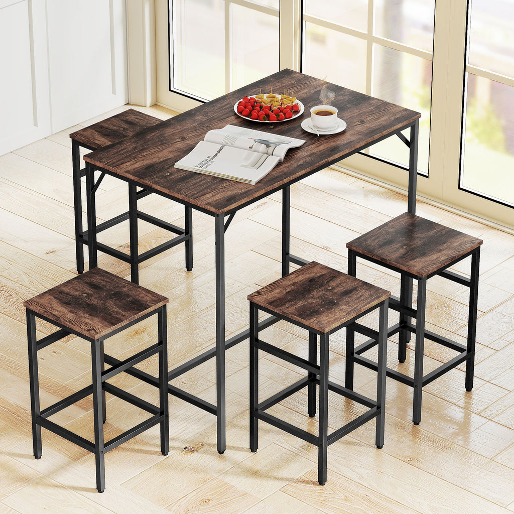 5-Piece Breakfast Bar Table and Stools Set, Kitchen Bar Table Set with High Table and 4 Stools, Space Saving Compact Dining Furniture for Small Spaces, Rustic Brown