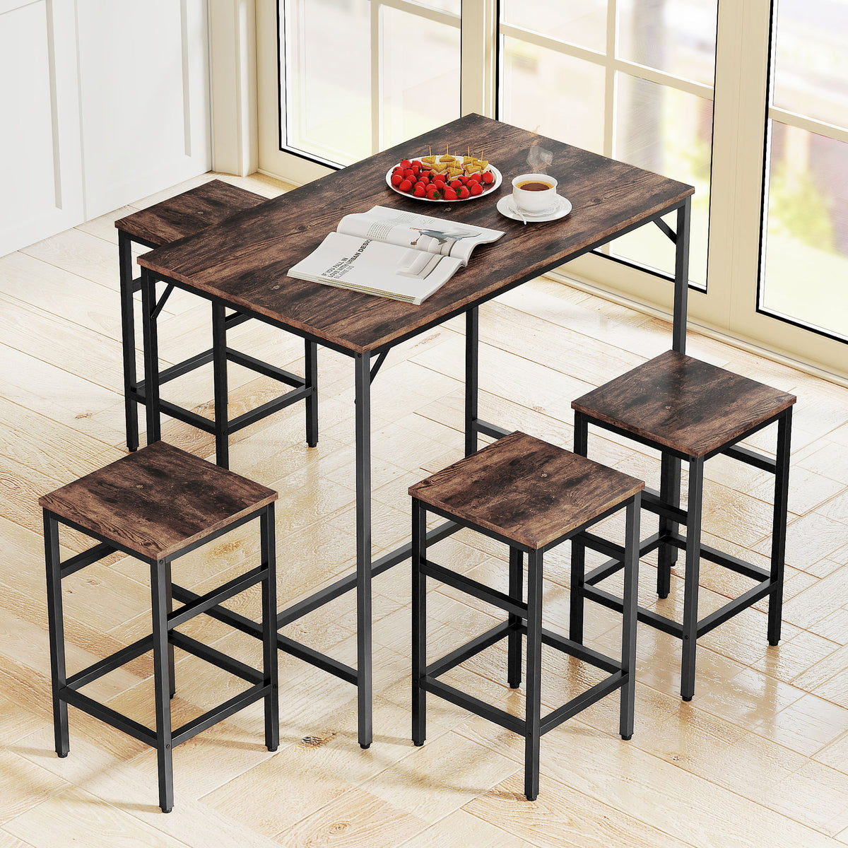5-Piece Breakfast Bar Table and Stools Set, Kitchen Bar Table Set with High Table and 4 Stools, Space Saving Compact Dining Furniture for Small Spaces, Rustic Brown