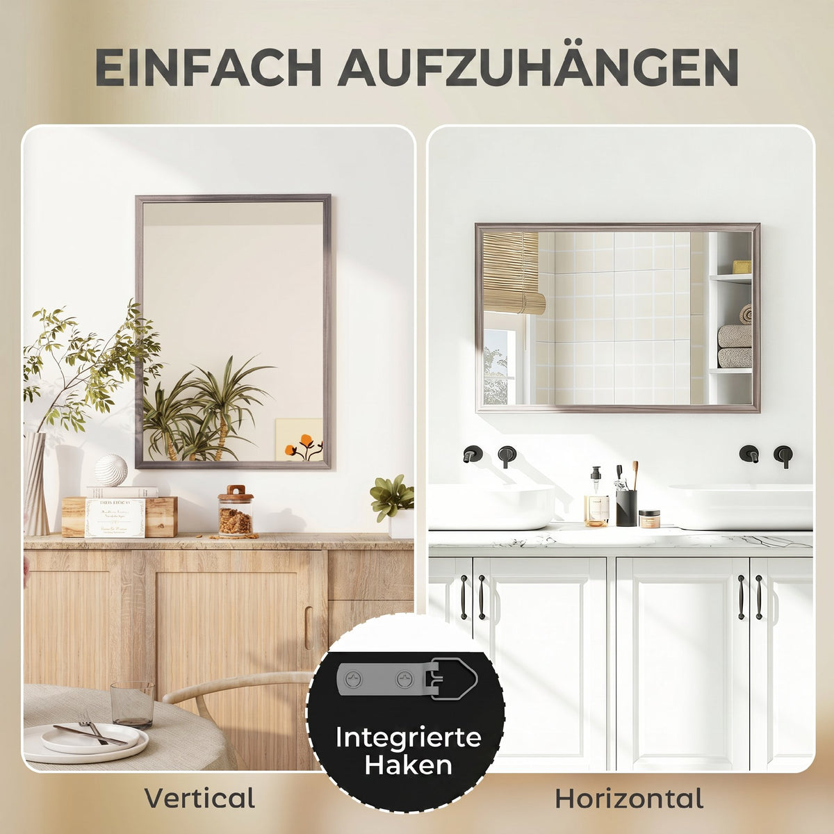 Wall Bathroom Mirror, 50 x 70 cm Wall-Mounted Mirror for Living Room, Bedroom, Hallway, Grey