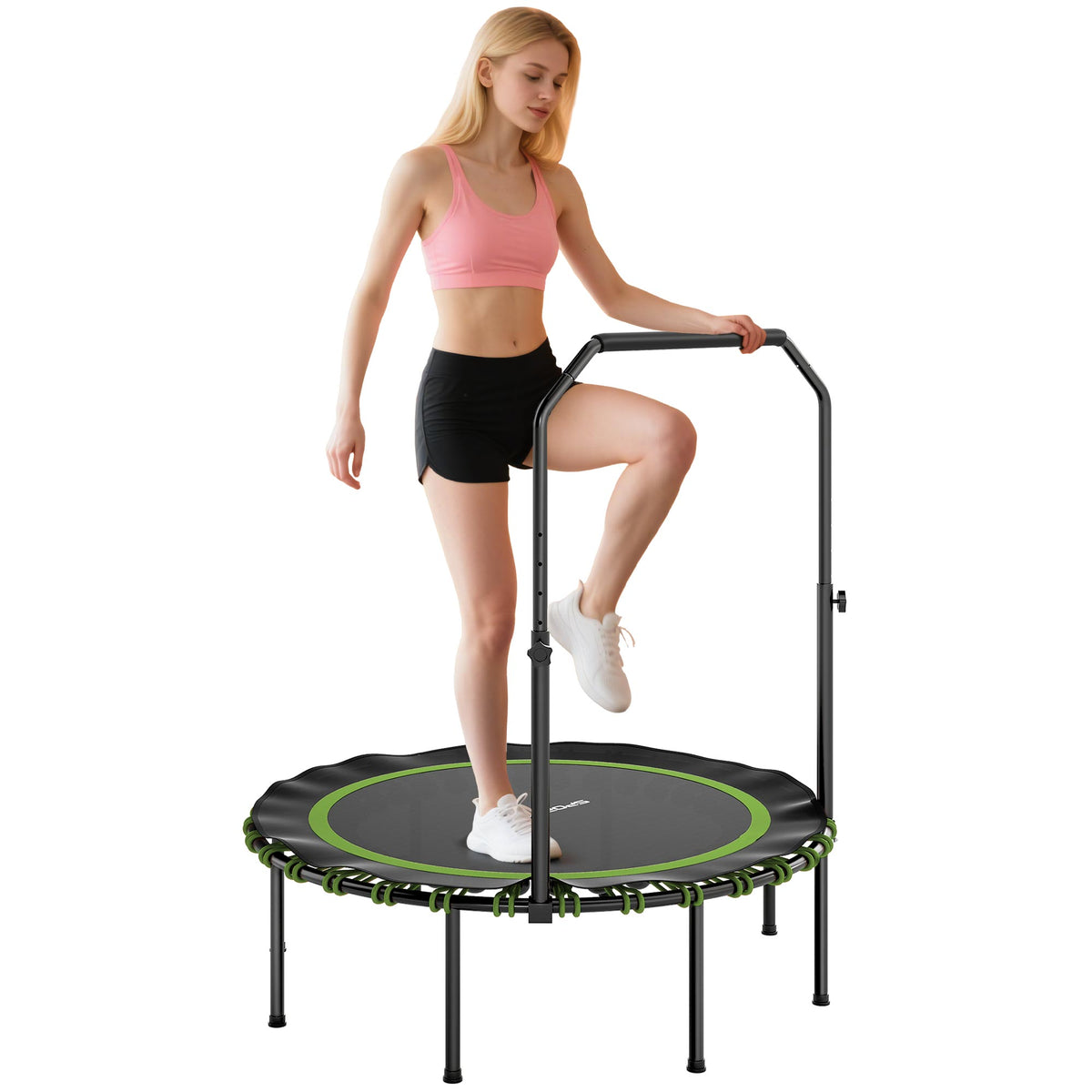 Fitness-Trampolin mit verstellbarem Handlauf, Sport-Trampolin f¨¹r drinnen und drau?en, Stahl, Kunststoff, Gr¨¹n