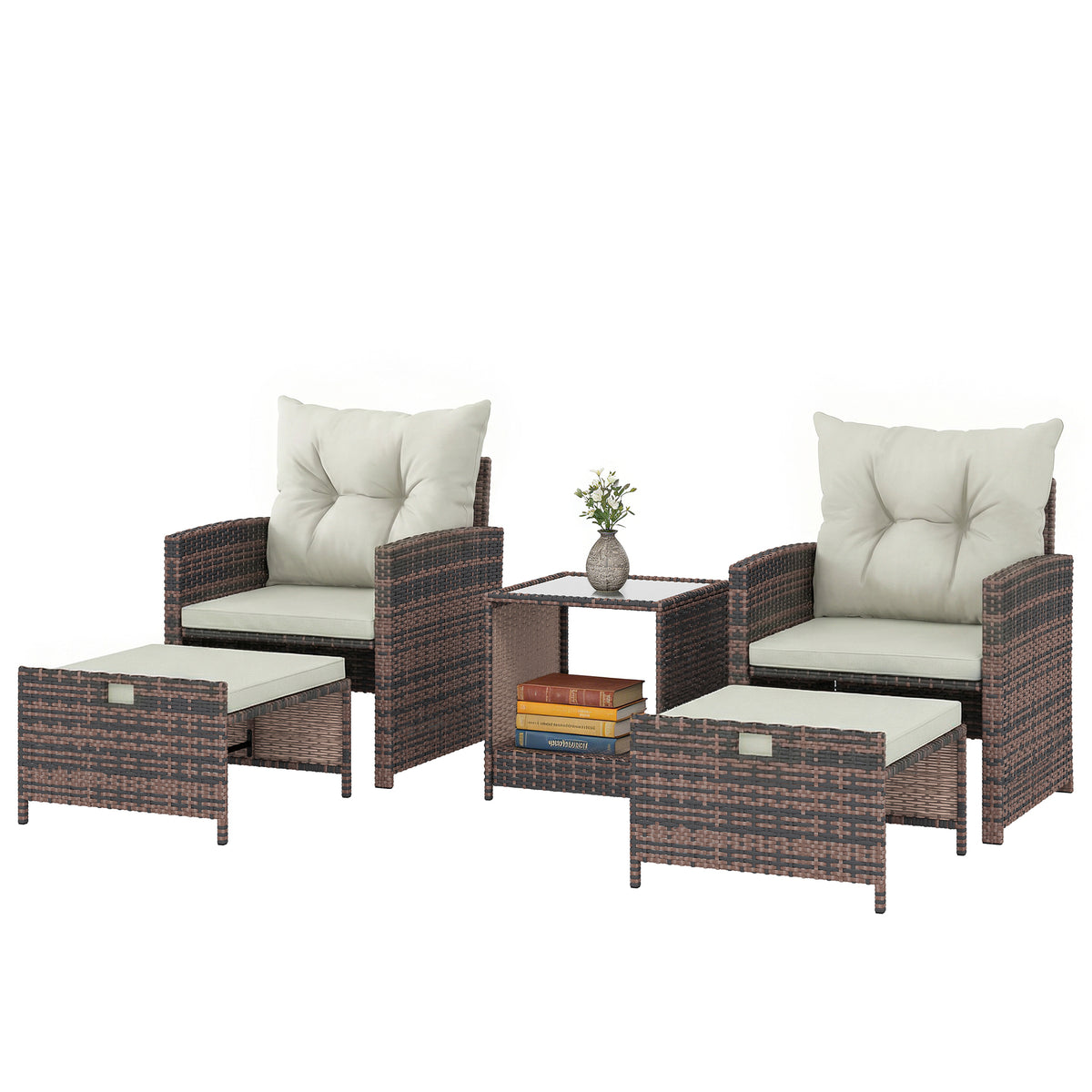 Rattan Gartenmöbel Set 5-teiliges Balkonmöbel Set mit 2 Stühle Kissen Hocker Tisch Staufach Cremeweiß