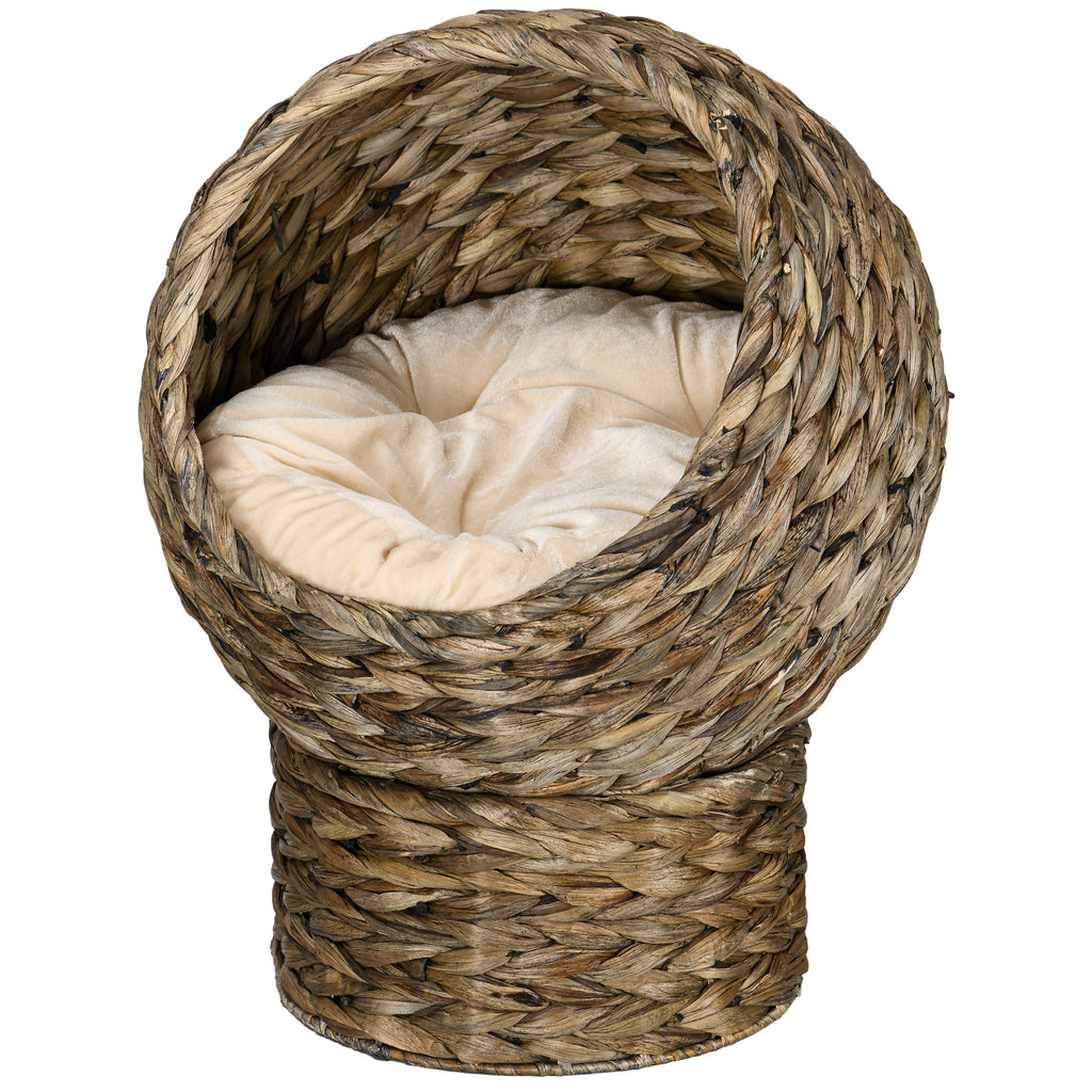 Woven Banana Leaf Elevated Cat Bed Wicker Kitten Basket Pet Den. House Cosy Cave with Soft Cushion Dome 40x37x51cm Grey