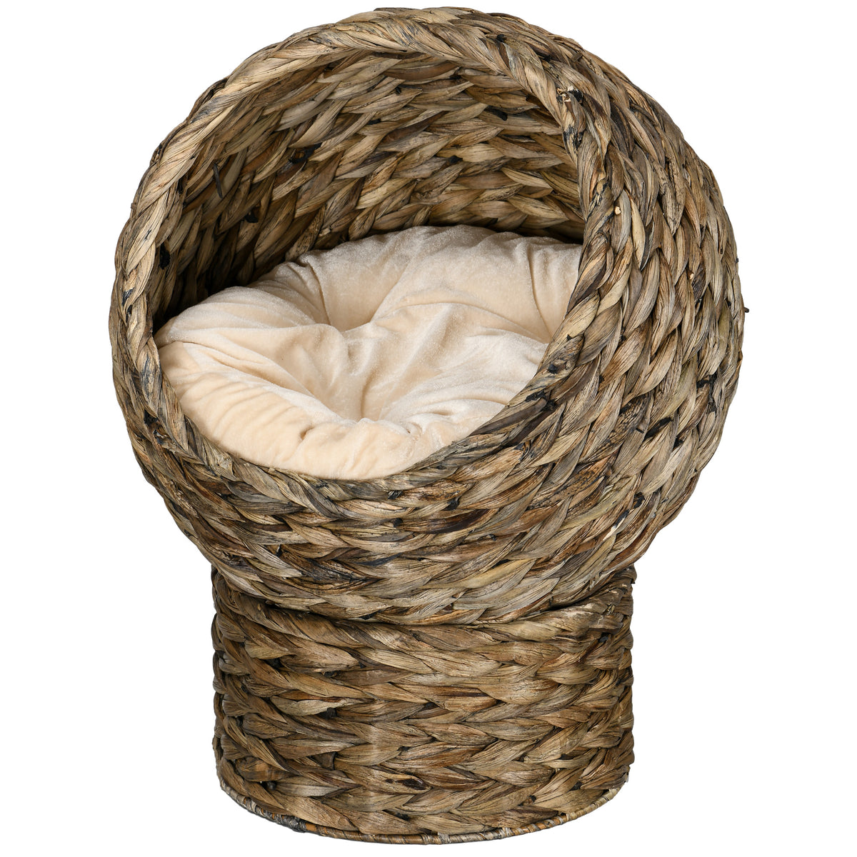 Woven Banana Leaf Elevated Cat Bed Wicker Kitten Basket Pet Den. House Cosy Cave with Soft Cushion Dome 40x37x51cm Grey