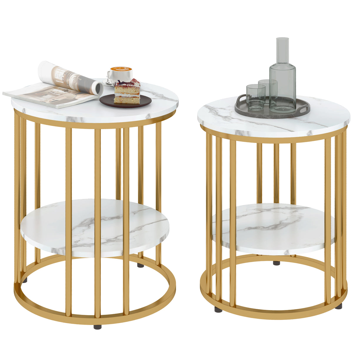 Set of Two Marble-Effect Coffee Tables - White/Gold-Tone