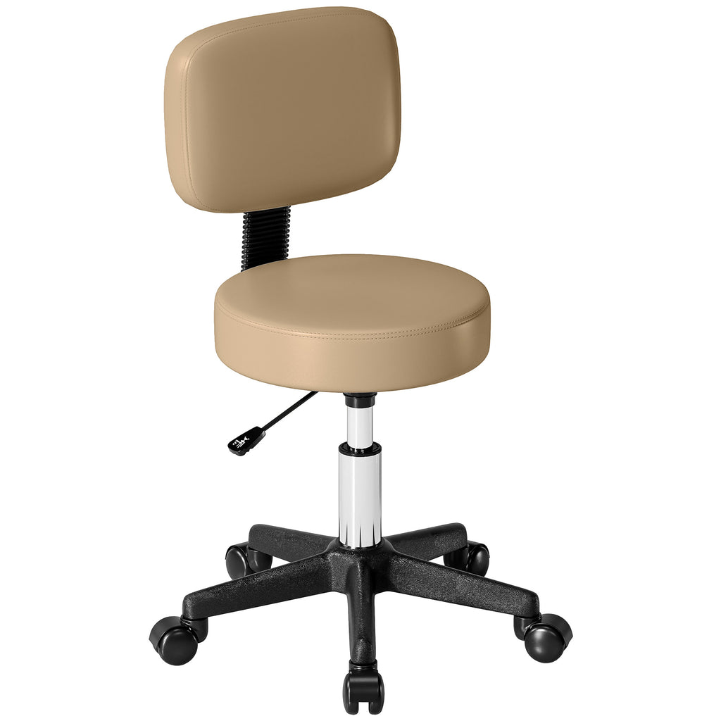 Rollhocker höhenverstellbar mit Rückenlehne 72-84 cm Hoch 360° Drehbar Arbeitshocker für Büro Salon Hellbraun