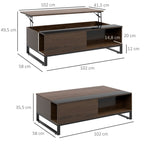 Beistelltisch mit Hebefunktion, verstecktes Staufach, Walsnussholzoptik, Stahlrahmen, 102 x 58 x 35,5 cm