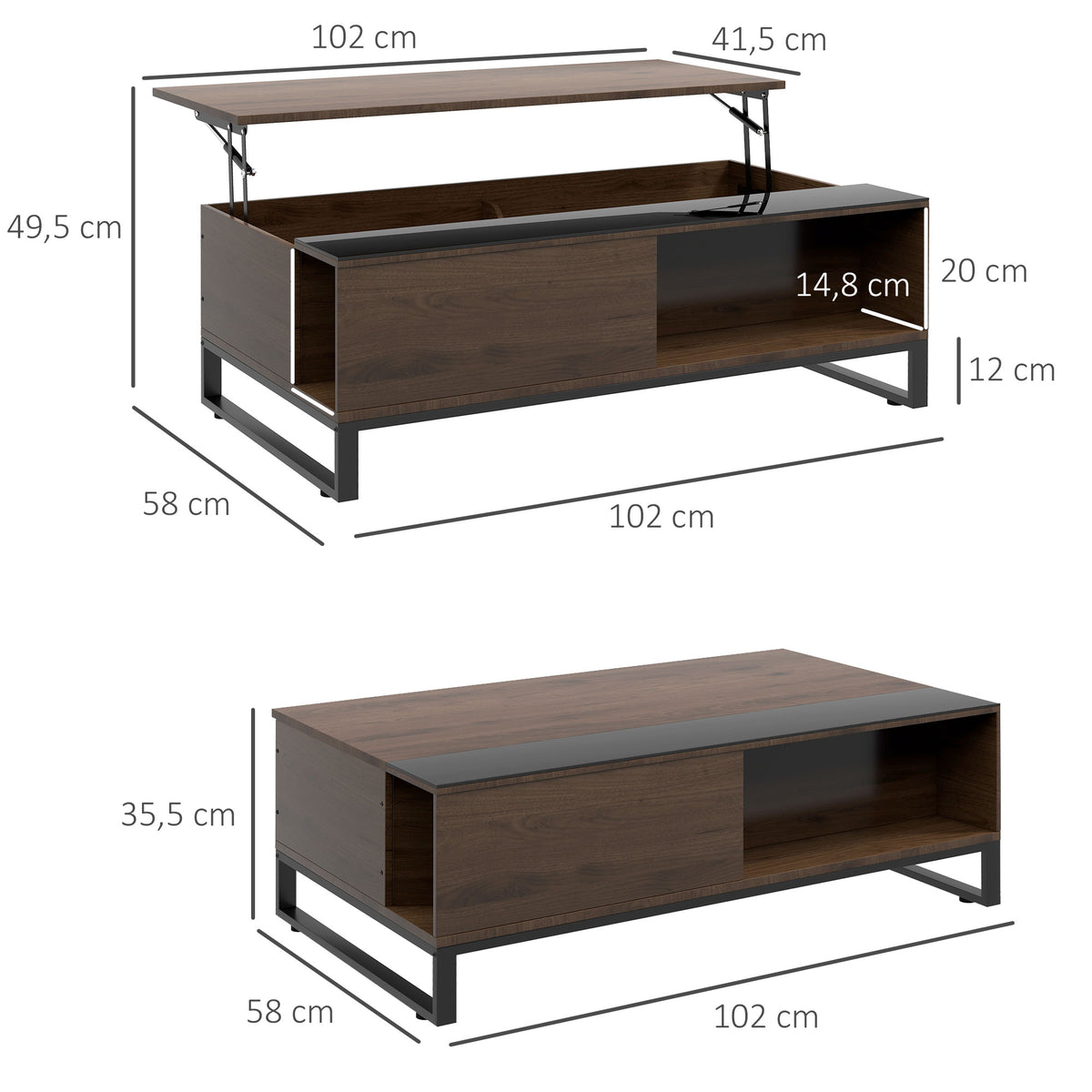 Beistelltisch mit Hebefunktion, verstecktes Staufach, Walsnussholzoptik, Stahlrahmen, 102 x 58 x 35,5 cm