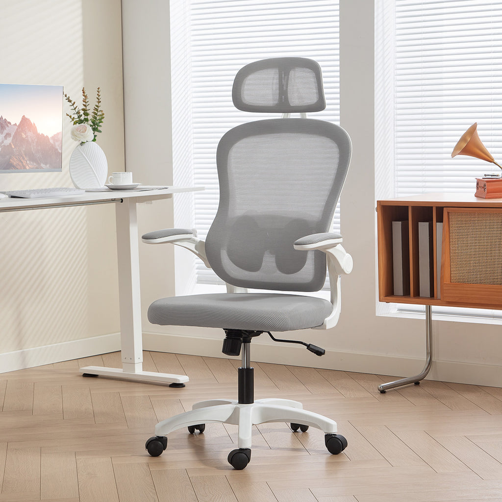 Ergonomischer B¨¹rostuhl mit Netzstoff-R¨¹ckenlehne, h?henverstellbar, klappbare Armlehnen, 5 Rollen, Wippfunktion, Grau