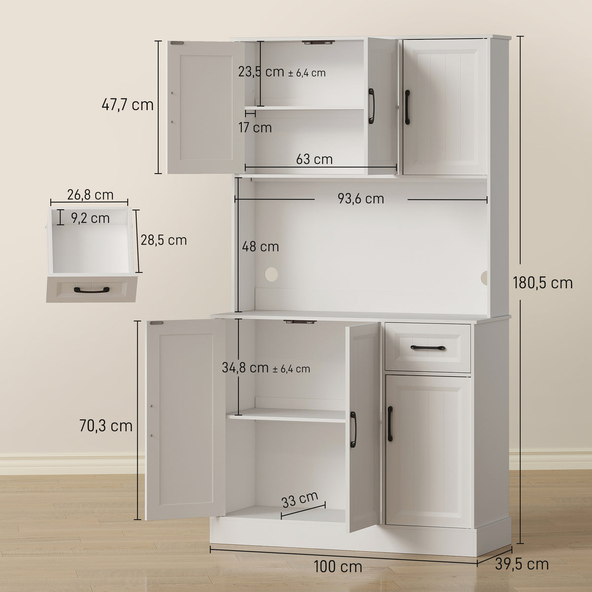 K¨¹chenschrank, 180,5 cm, Vorratsschrank, Arbeitsfl?che, Kabelloch, verstellbare Regale, MDF, Wei?