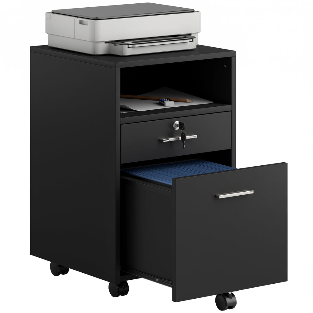 Büroschrank Rollcontainer, 2 Schubladen, eine Schublade abschließbar, 5 Rollen, Schwarz, 40 x 40 x 65 cm