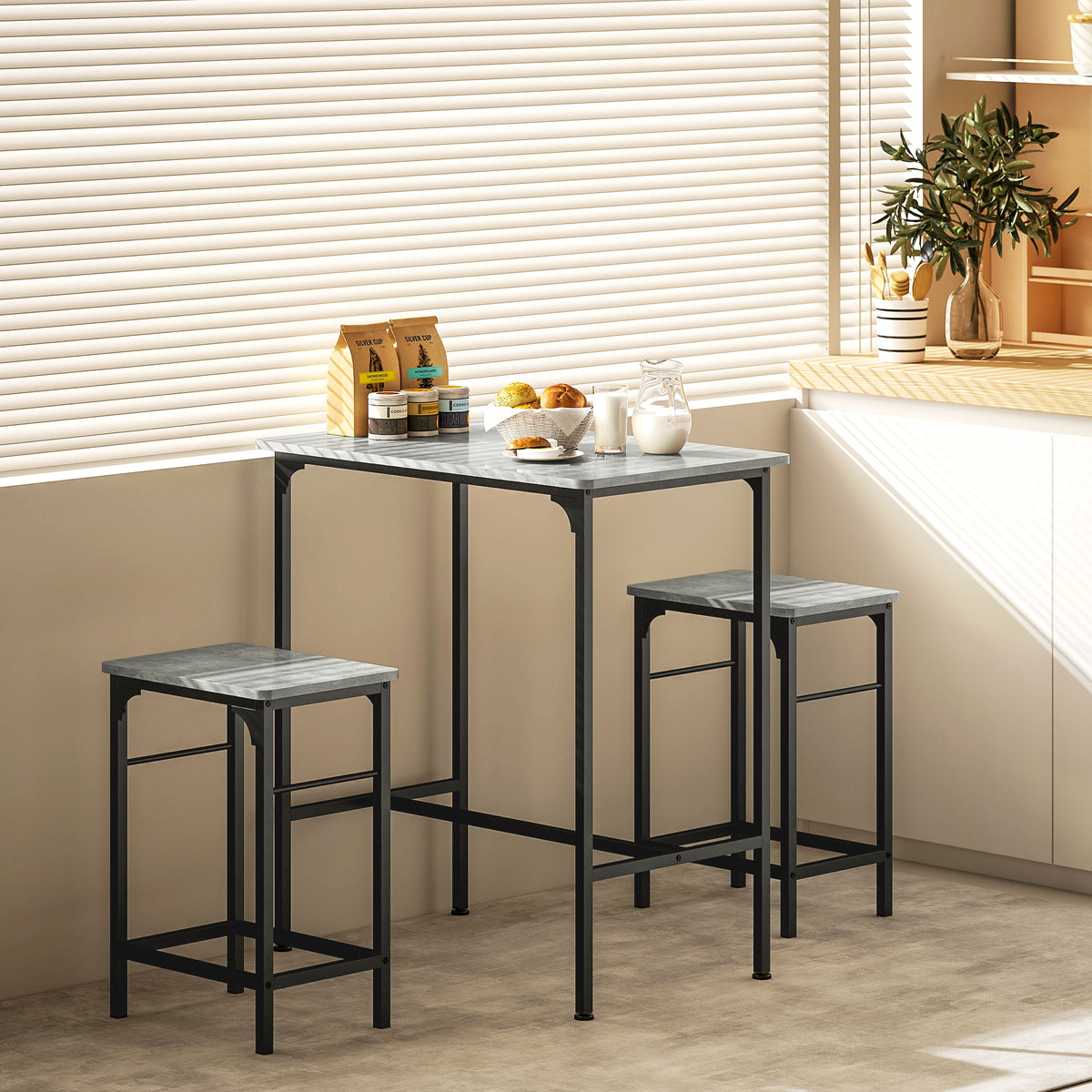 Bartisch Set Bartisch mit Barhocker-Set Esstisch mit 2 Stühlen mit Rutschfestem Fußpolster Grau