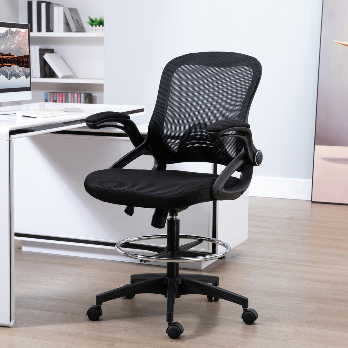 B¨¹rosessel, Schreibtischstuhl, Stehfunktion, mit Fu?ablage, drehbarer Sitz, Stahl, schwarz, 64 x 60 x 106-126cm