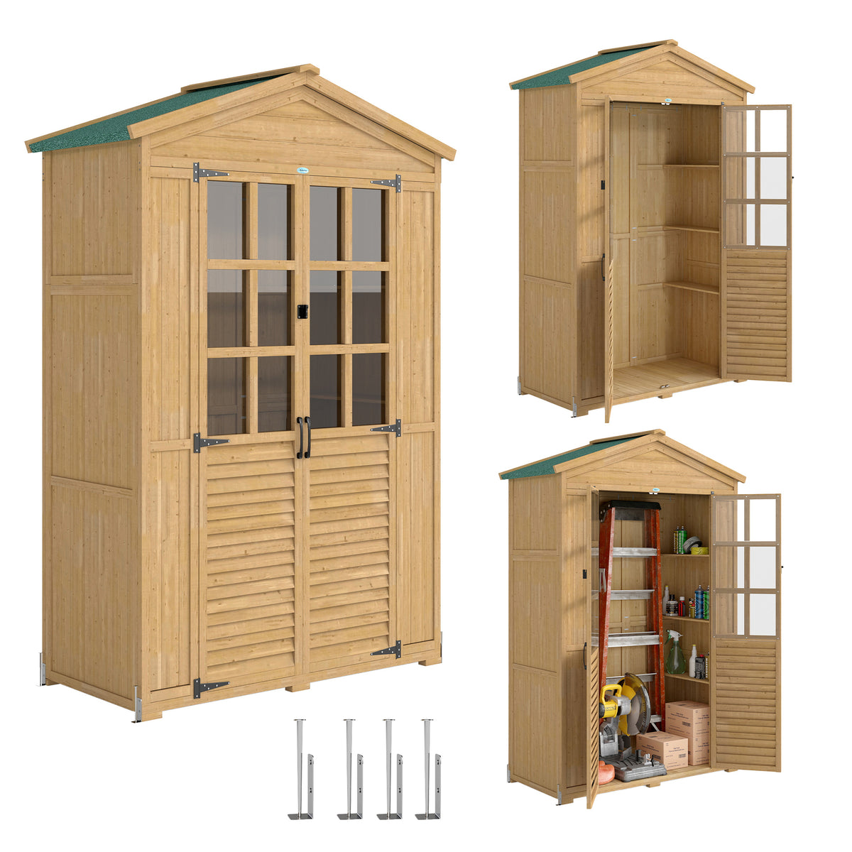 Outdoor Wooden Storage Cabinet, Garden Tool Shed with Acrylic Windows for Patio, Light Brown
