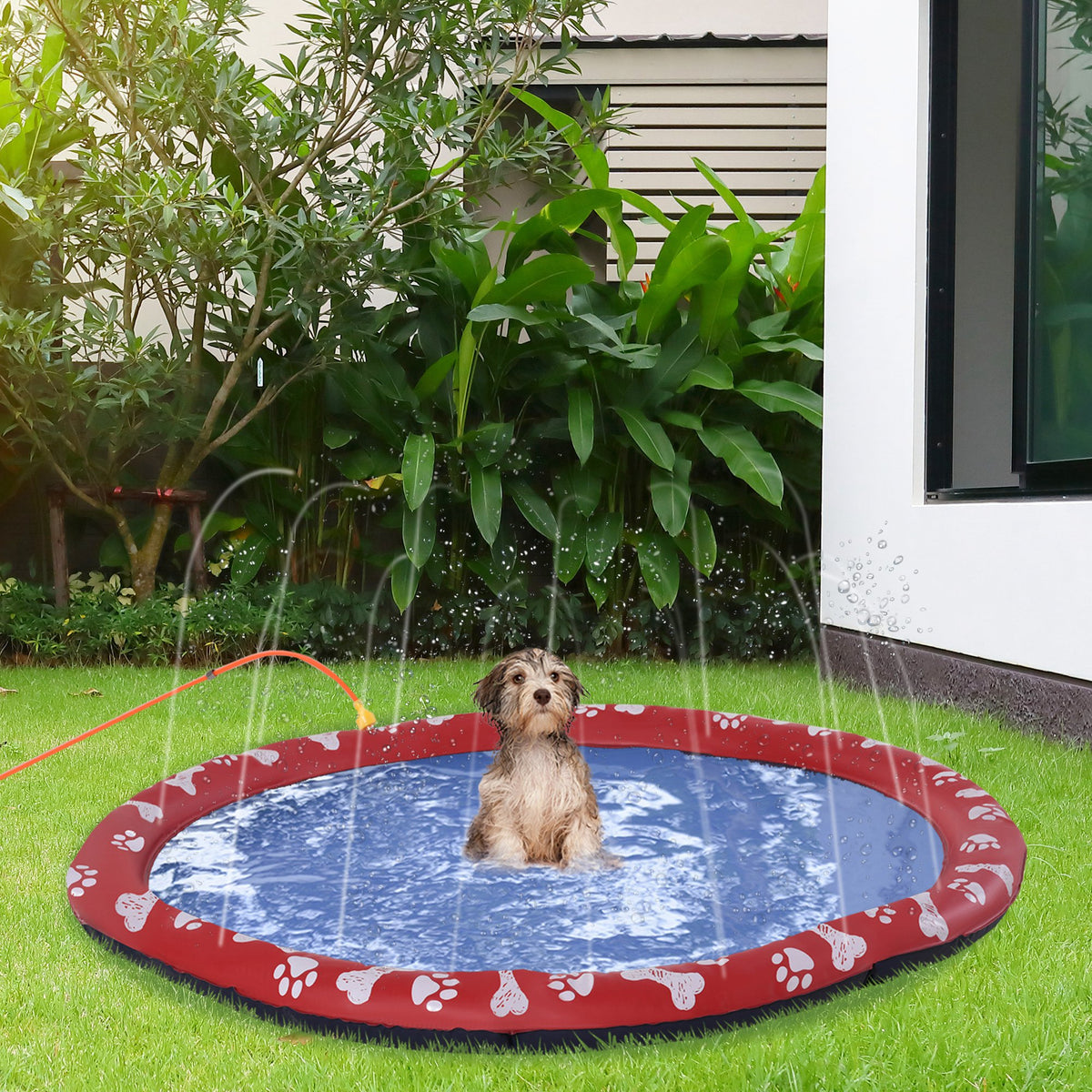 Dog Splash Pad, Pet Sprinkler Mat, Non-Slip Dog Paddling Pool, Foldable Outdoor Sprinkler and Splash Mat Water Play for Garden, Patio, Summer Fun, 170 cm