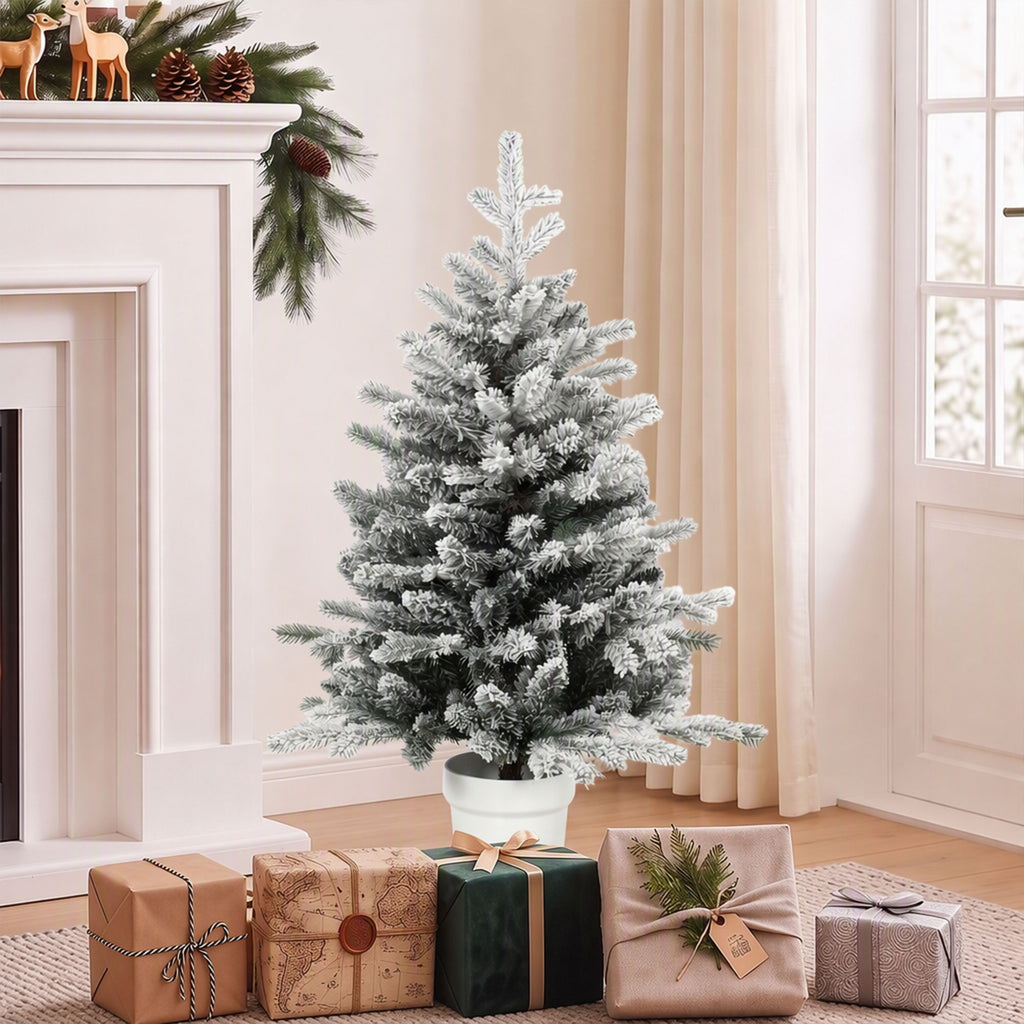Mini 90 cm Weihnachtsbaum mit 296 Zweigspitzen Schnee-Effekt Topf, Mini-Tischbaum für Zuhause Büro, Weiß