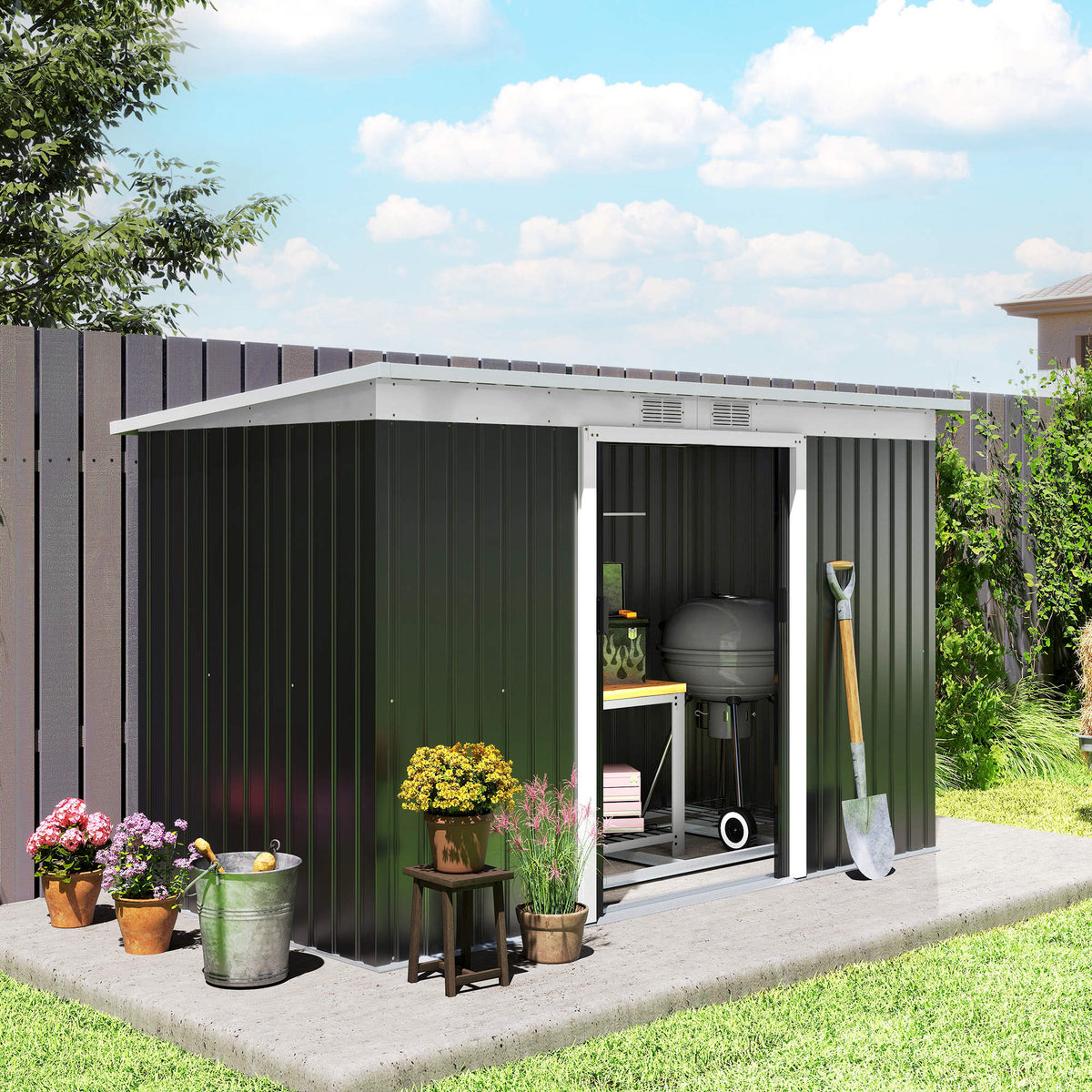 9ft x 4ft Metal Garden Shed, Waterproof Outdoor Bike Storage Shed Galvanised with Foundation Kit, Vents, Apex Roof and Lockable Double Doors for Patio Yard, Dark Grey