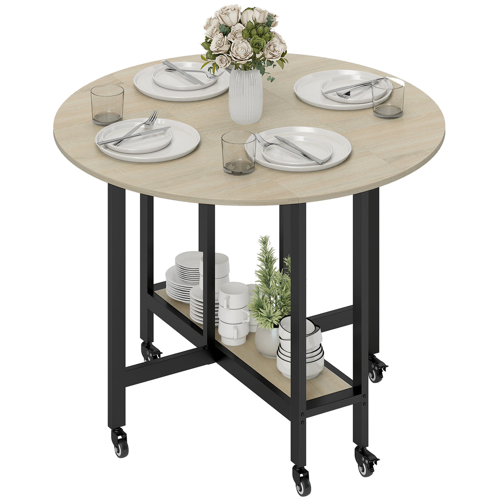 Klapptisch, Tisch mit Klappfunktion und offener Ablage, Rollbarer Küchentisch für Esszimmer, kleine Räume, Natur