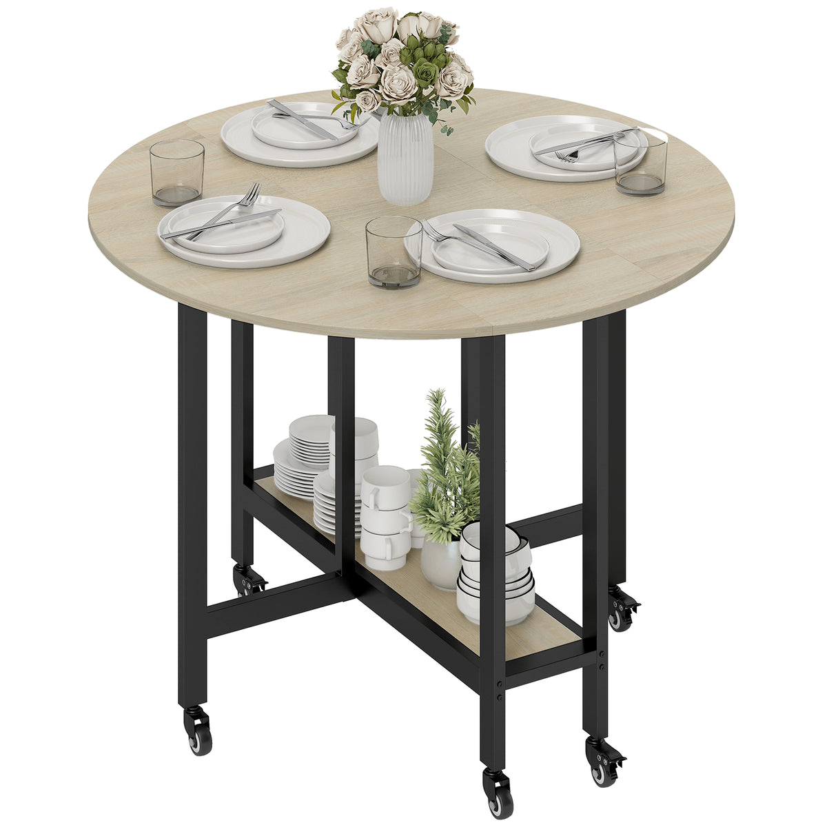 Klapptisch, Tisch mit Klappfunktion und offener Ablage, Rollbarer Küchentisch für Esszimmer, kleine Räume, Natur
