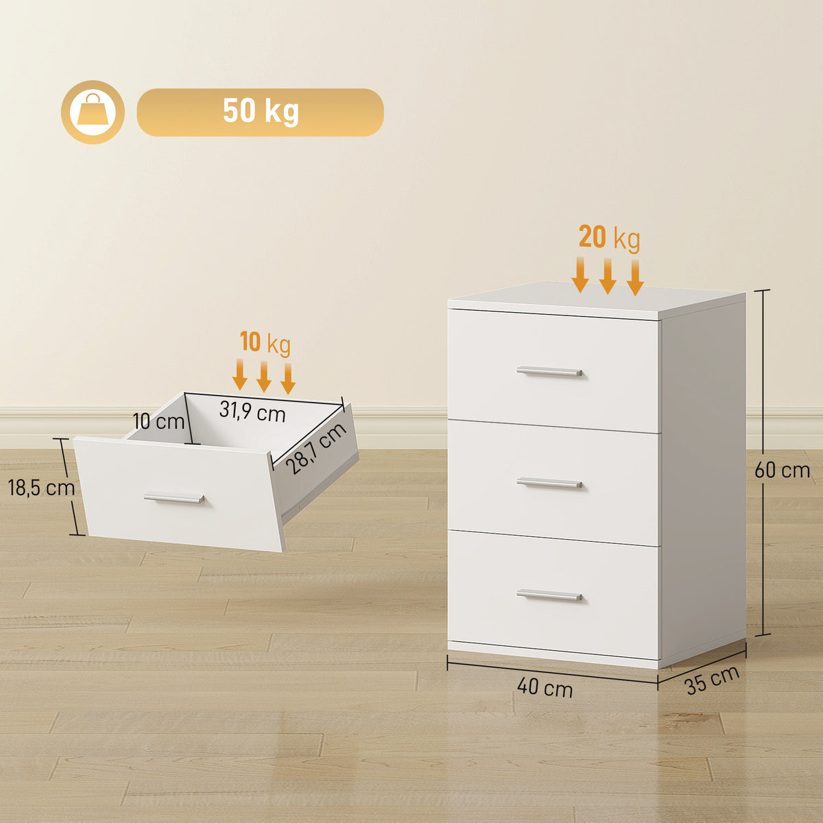 Nachttisch mit 3 Schubladen, Beistell-Kommode für Schlafzimmer, MDF, Weiß