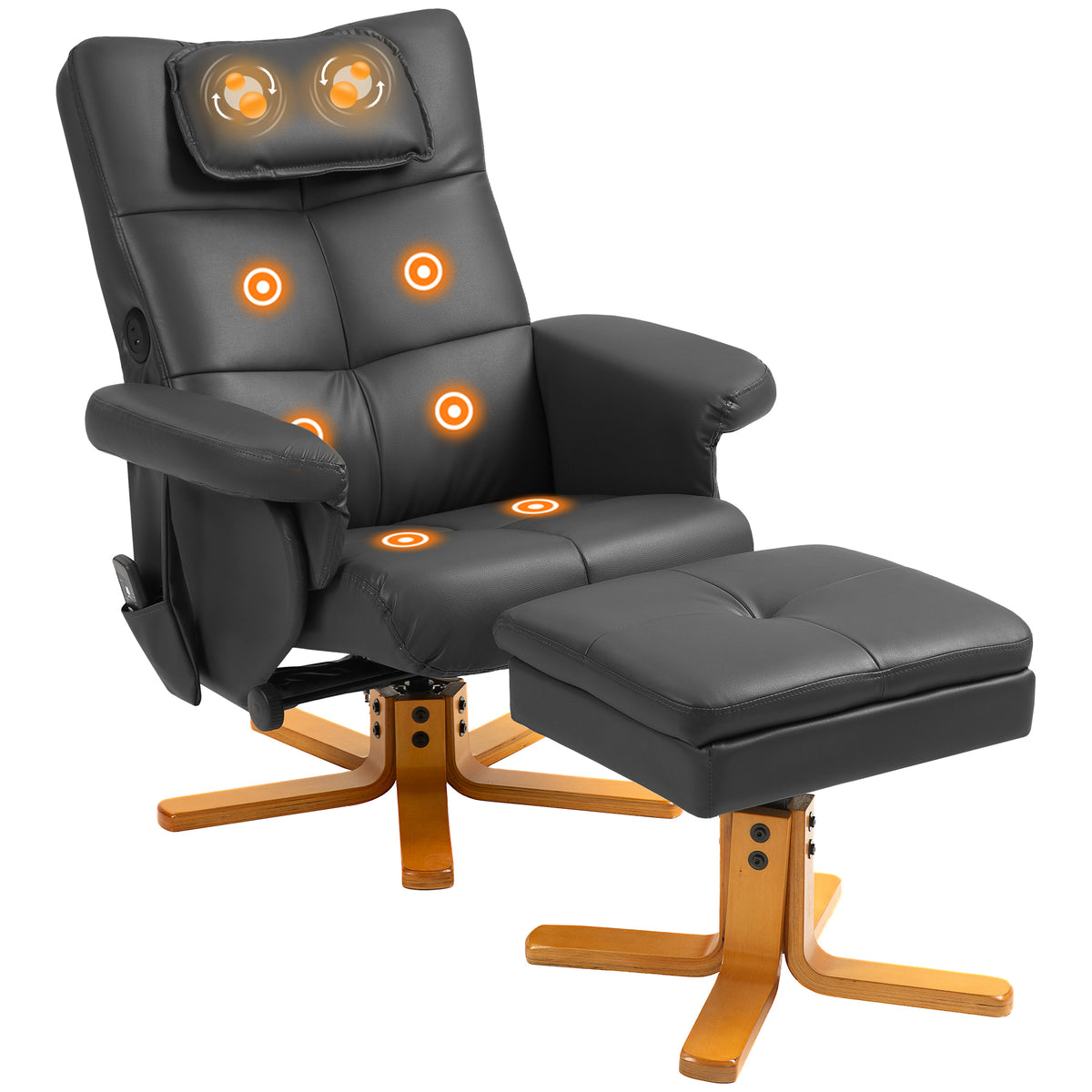 Massagesessel mit Hocker, verstellbare Lehne, USB-Ladeport, Lederoptik, bis 150 kg, Schwarz