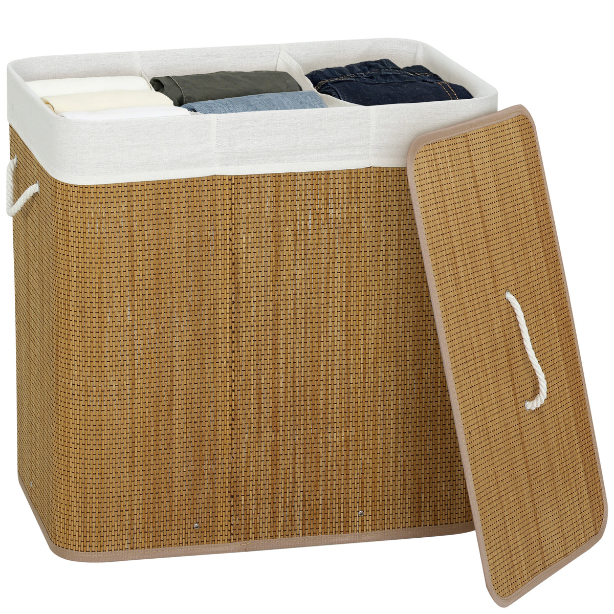 3 Section Laundry Basket with Lid, 144L Bamboo Laundry Hamper with Handles, Removable and Washable Liner, Brown