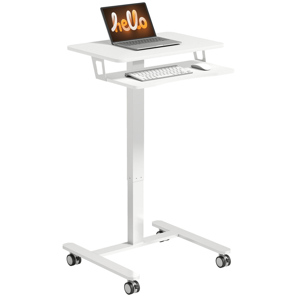 Höhenverstellbarer Stehschreibtisch, Rollbarer Sit-Stand-Schreibtisch mit Tastaturablage, Rollen und Stahlrahmen, Weiß