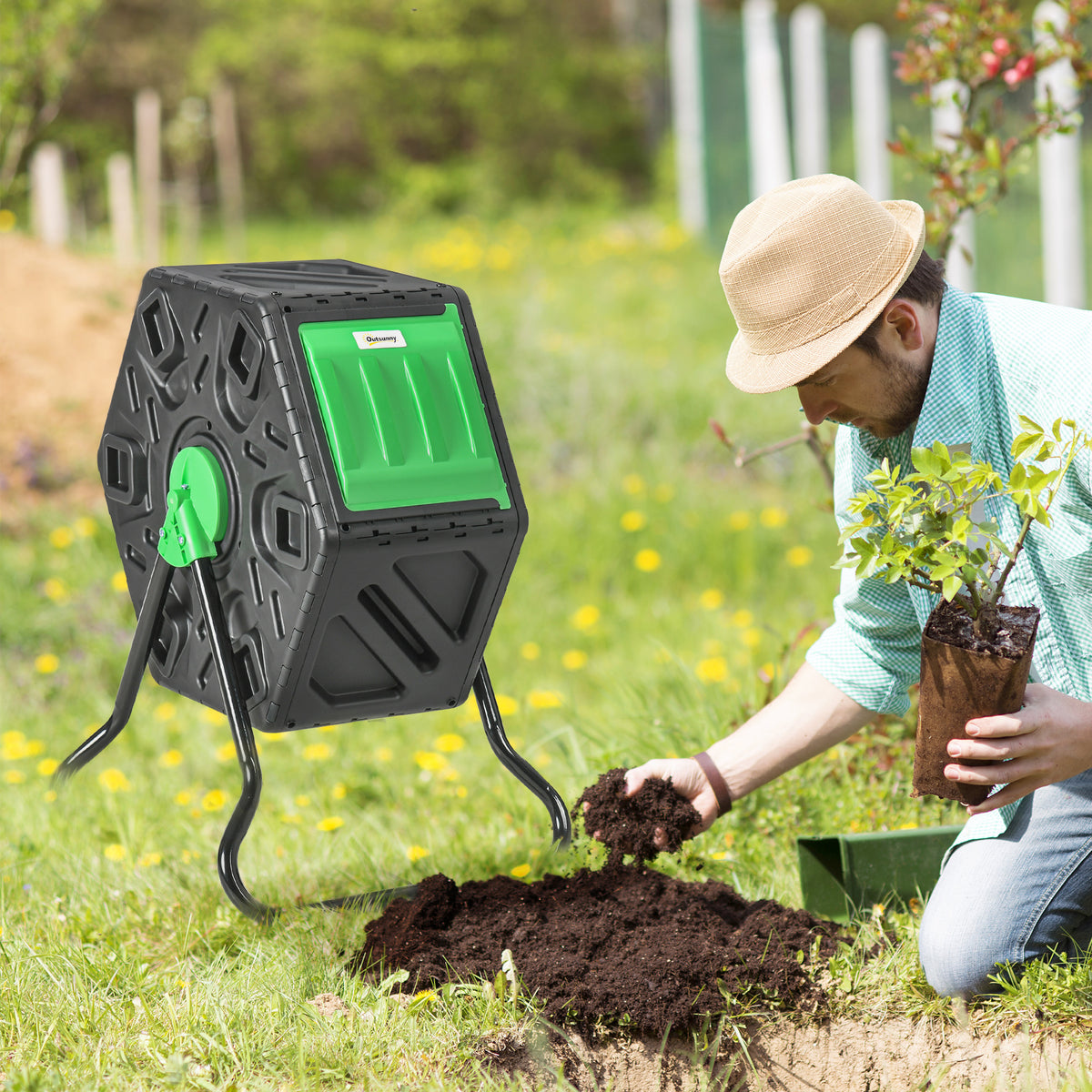 65L Garden Compost Bin, Single Chamber Rotating Composter, Compost Maker with 24 Ventilation Openings and Steel Legs