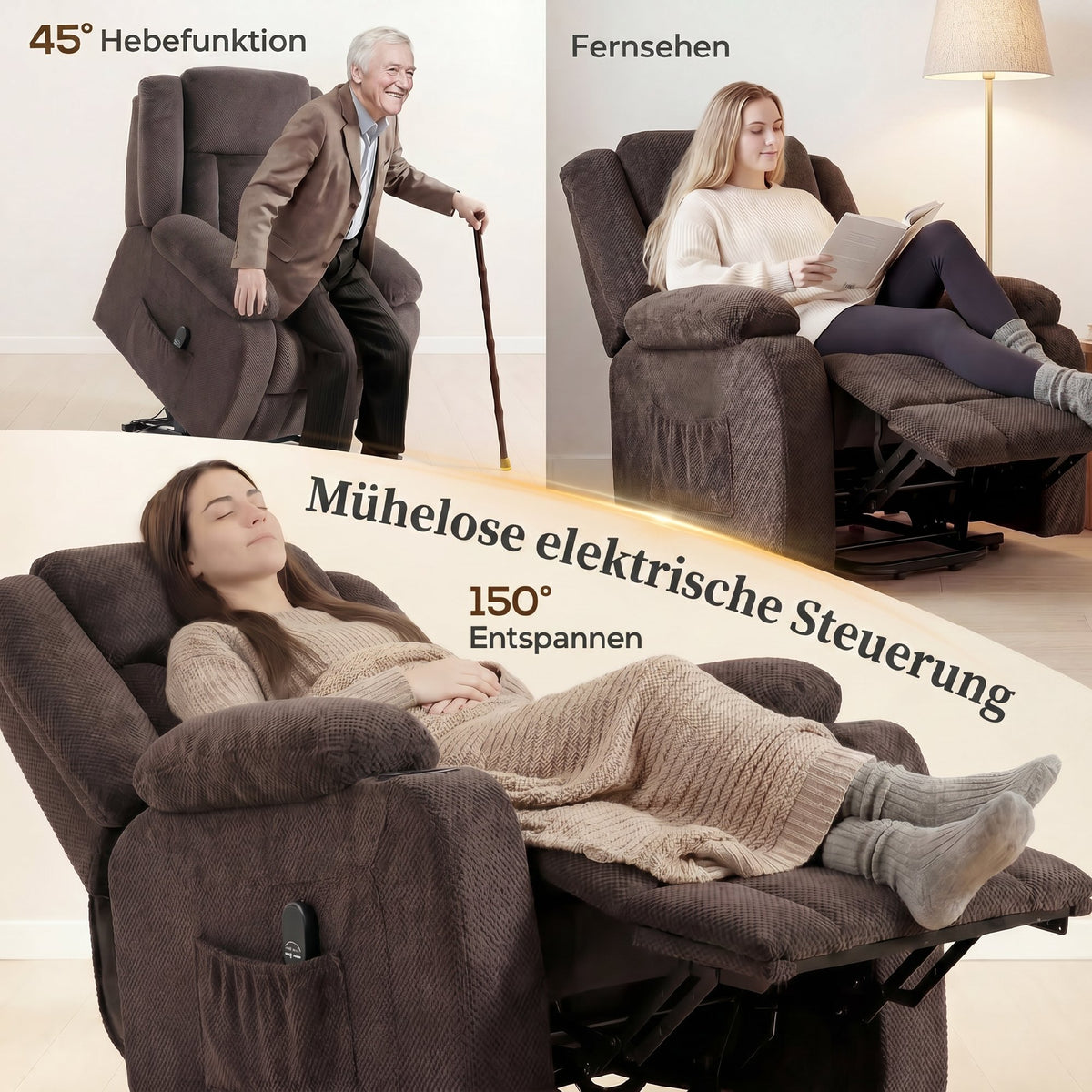 Aufstehsessel mit weichem Bezug, Recliner-Sessel mit Fernbedienung und Seitentaschen, Braun