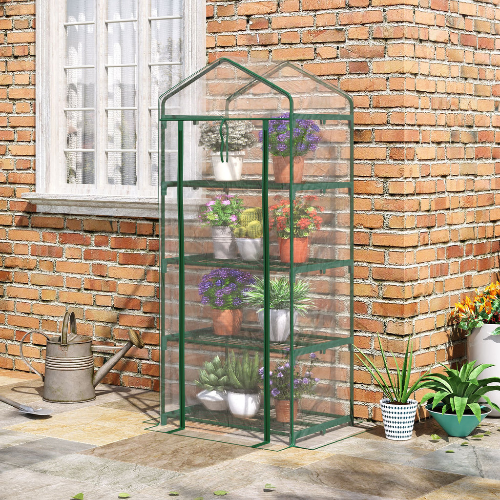 4 Tier Mini Portable Greenhouse Compact Plant Grow Shed Metal Frame PE Cover with Lockable Rolling Wheels, Clear