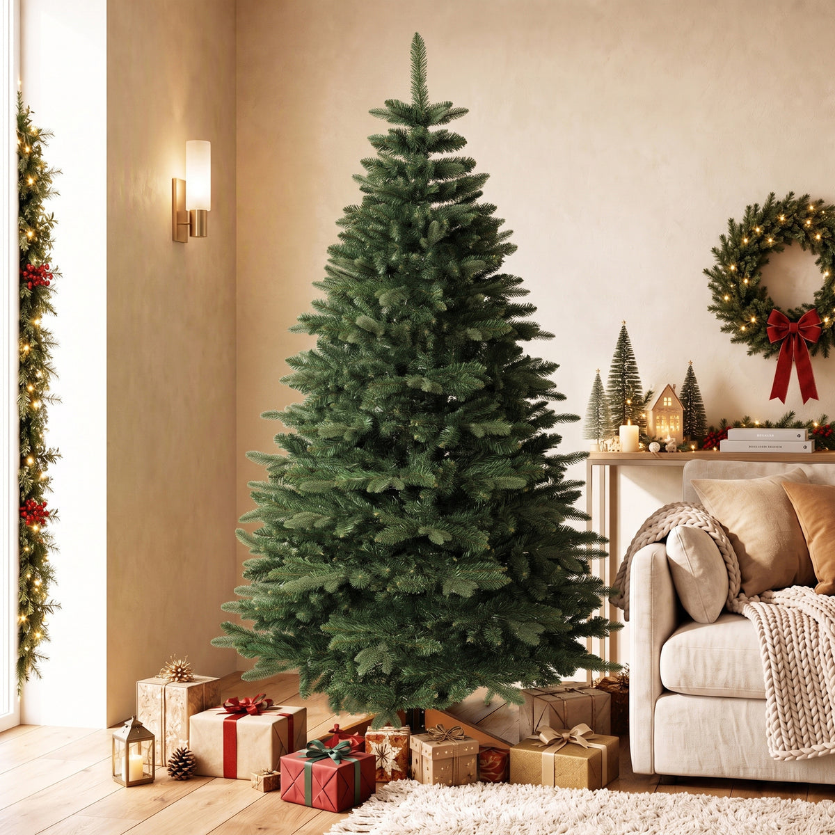 Künstlicher Weihnachtsbaum 180 cm, Edeltanne, voll mit Klappästen, 961 Spitzen, faltbarer Holzständer, Grün