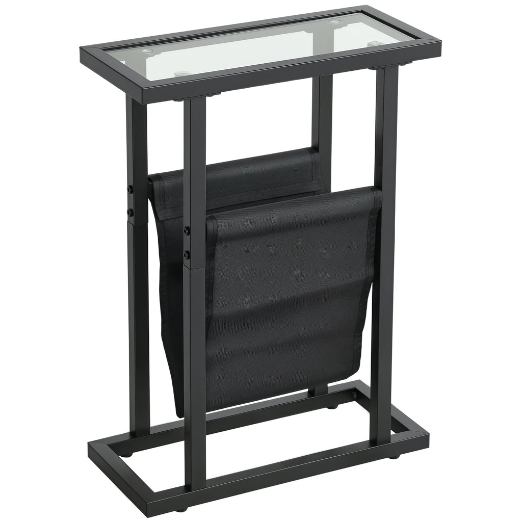 Beistelltisch aus Metall mit Stofftasche und Glasplatte, schmaler Tisch f¨¹r Wohnzimmer, Schlafzimmer, Schwarz