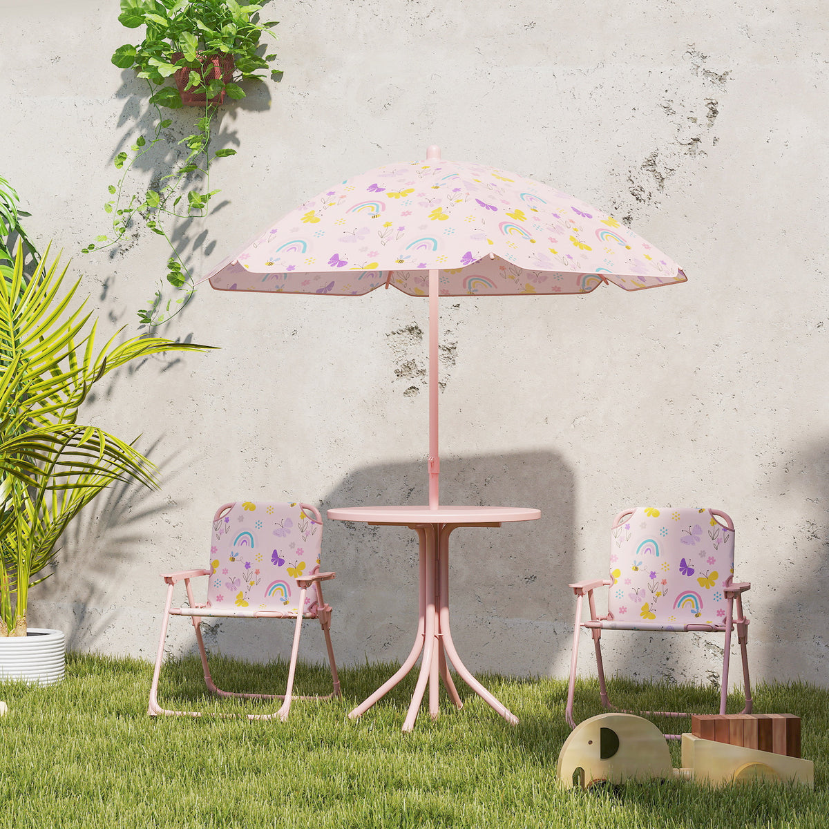 4-Piece Kids Garden Table and Chair Set with Adjustable Parasol, Folding Chairs, Table, Rainbow Pattern, Pink