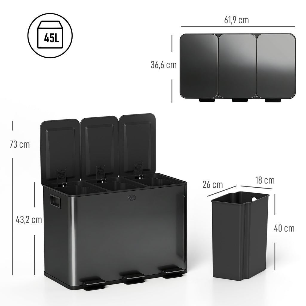 3 x 15L Pedal Bin, Steel Triple Kitchen Bin with Soft Close Lid, Removable Inner Buckets, Fingerprint-Proof, Black