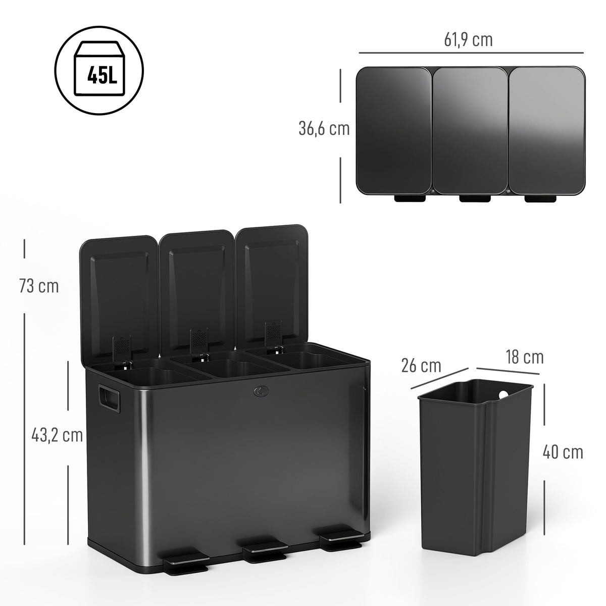 3 x 15L Pedal Bin, Steel Triple Kitchen Bin with Soft Close Lid, Removable Inner Buckets, Fingerprint-Proof, Black